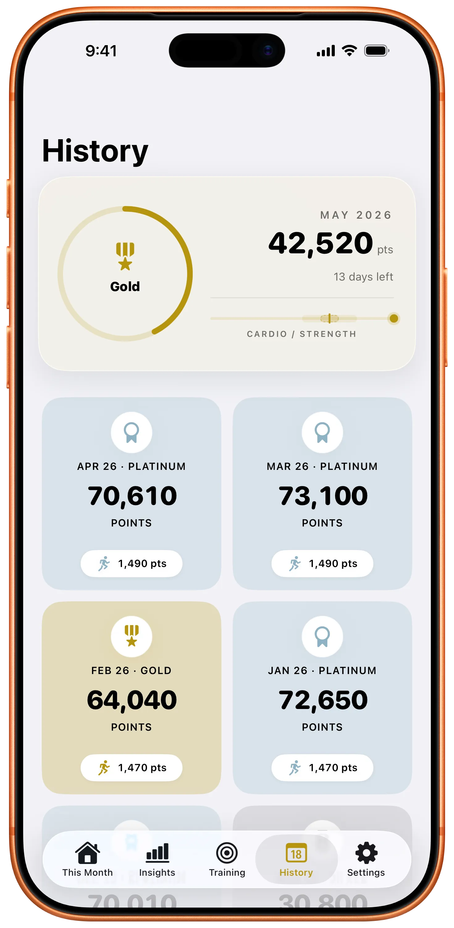 History screen showing monthly ranks: April Platinum, March Platinum, February Gold, January Platinum.
