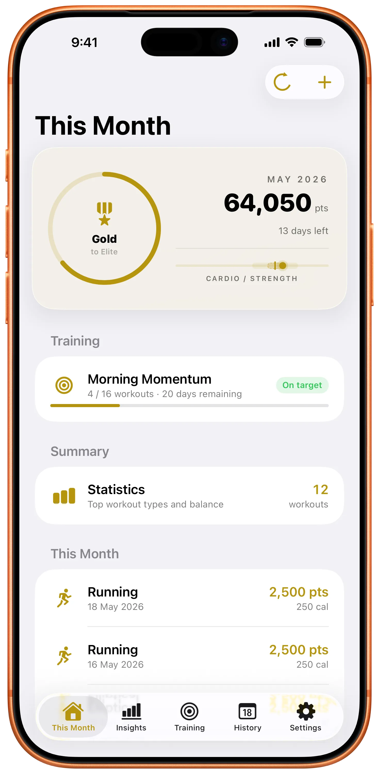 This Month screen showing 90,469 points, Platinum rank, and a list of workouts.