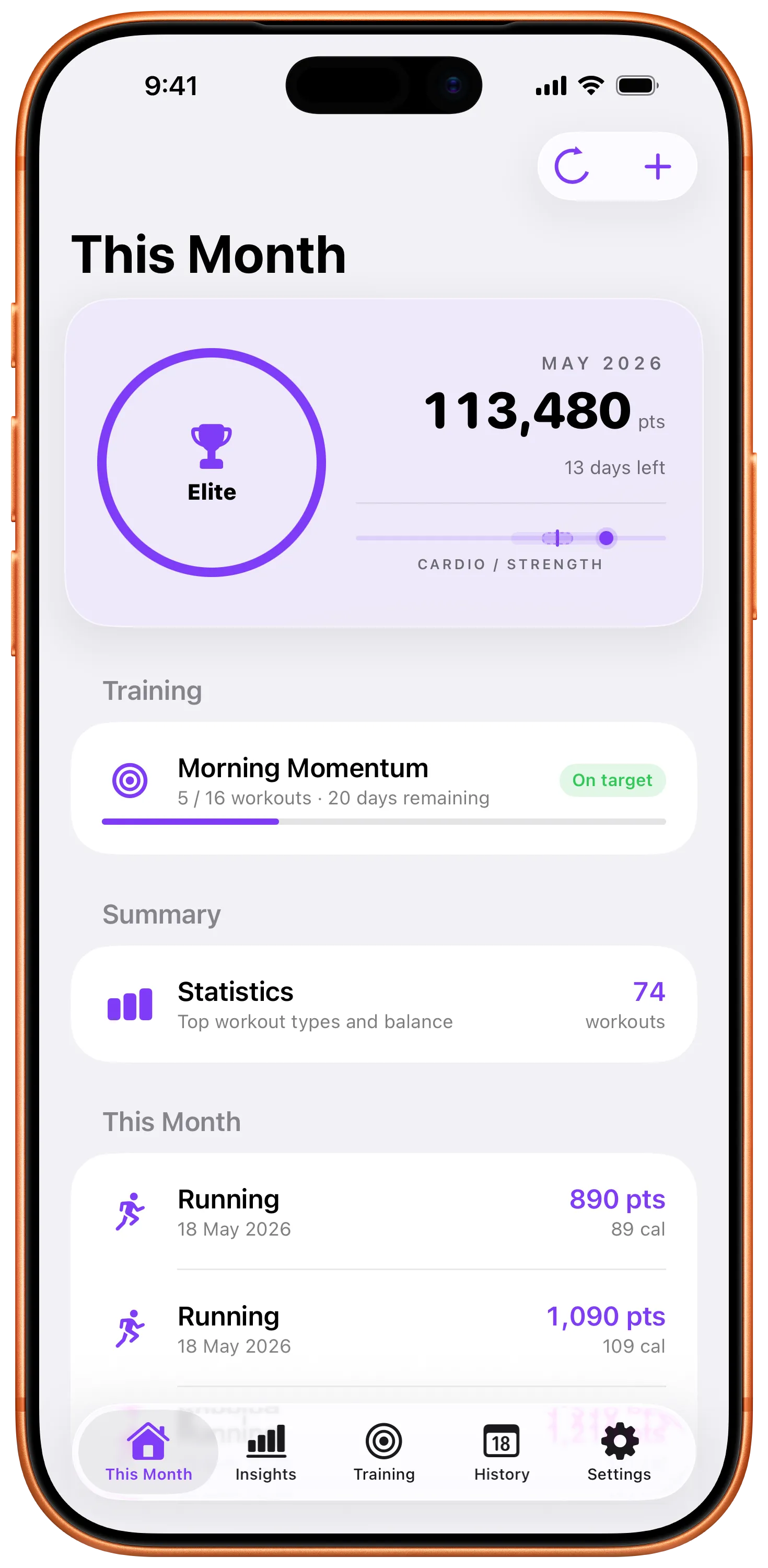 This Month screen showing a circular rank dial set to Platinum, 113,480 total points for May, a cardio/strength balance bar, and a list of recent workouts including Daily Activity and Running.