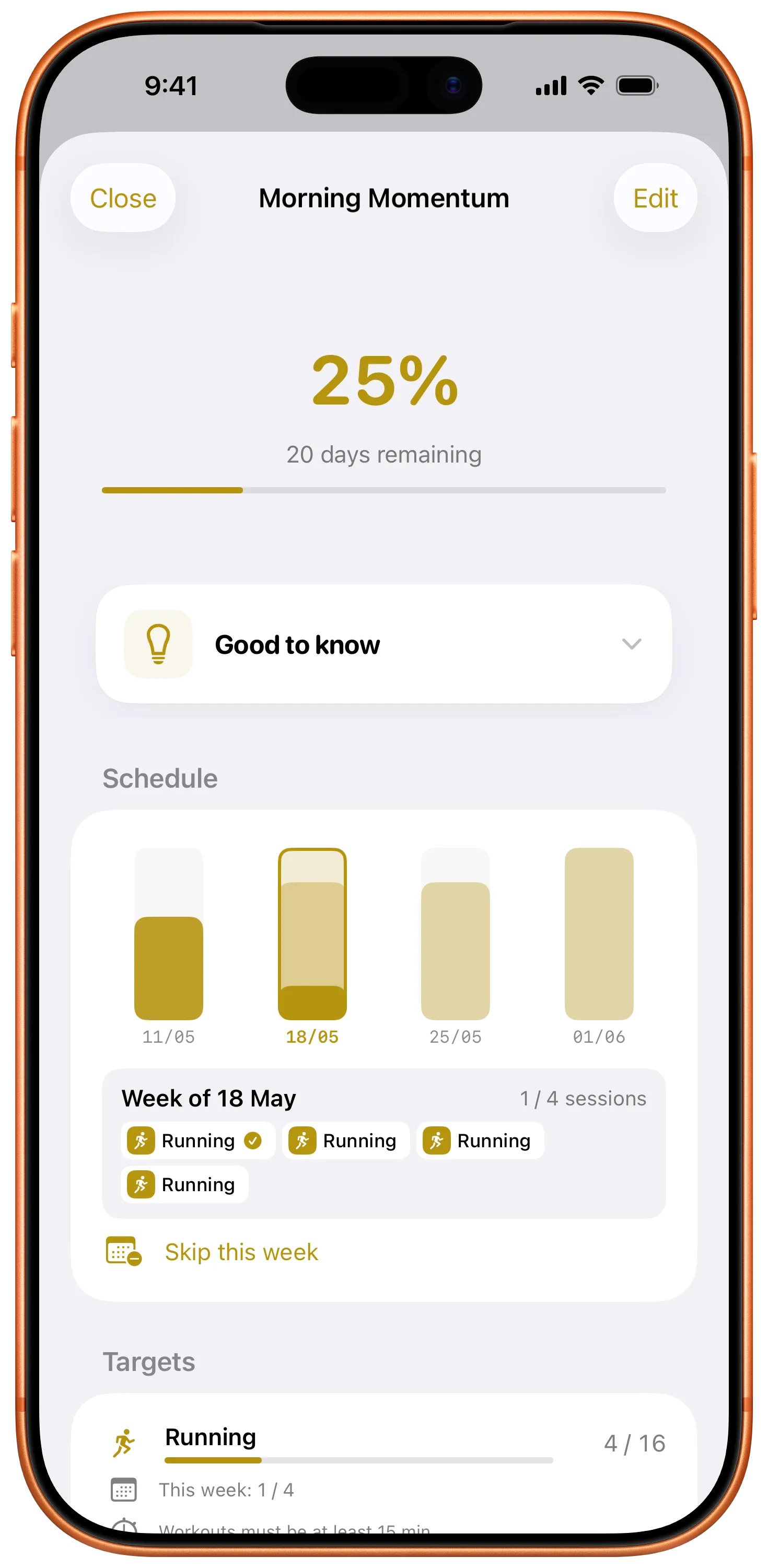 Training Plan detail for 'Move Every Day' showing 4 percent progress, 21 days remaining, a coaching note about movement being medicine, and a weekly schedule with walking, flexibility, and yoga sessions.
